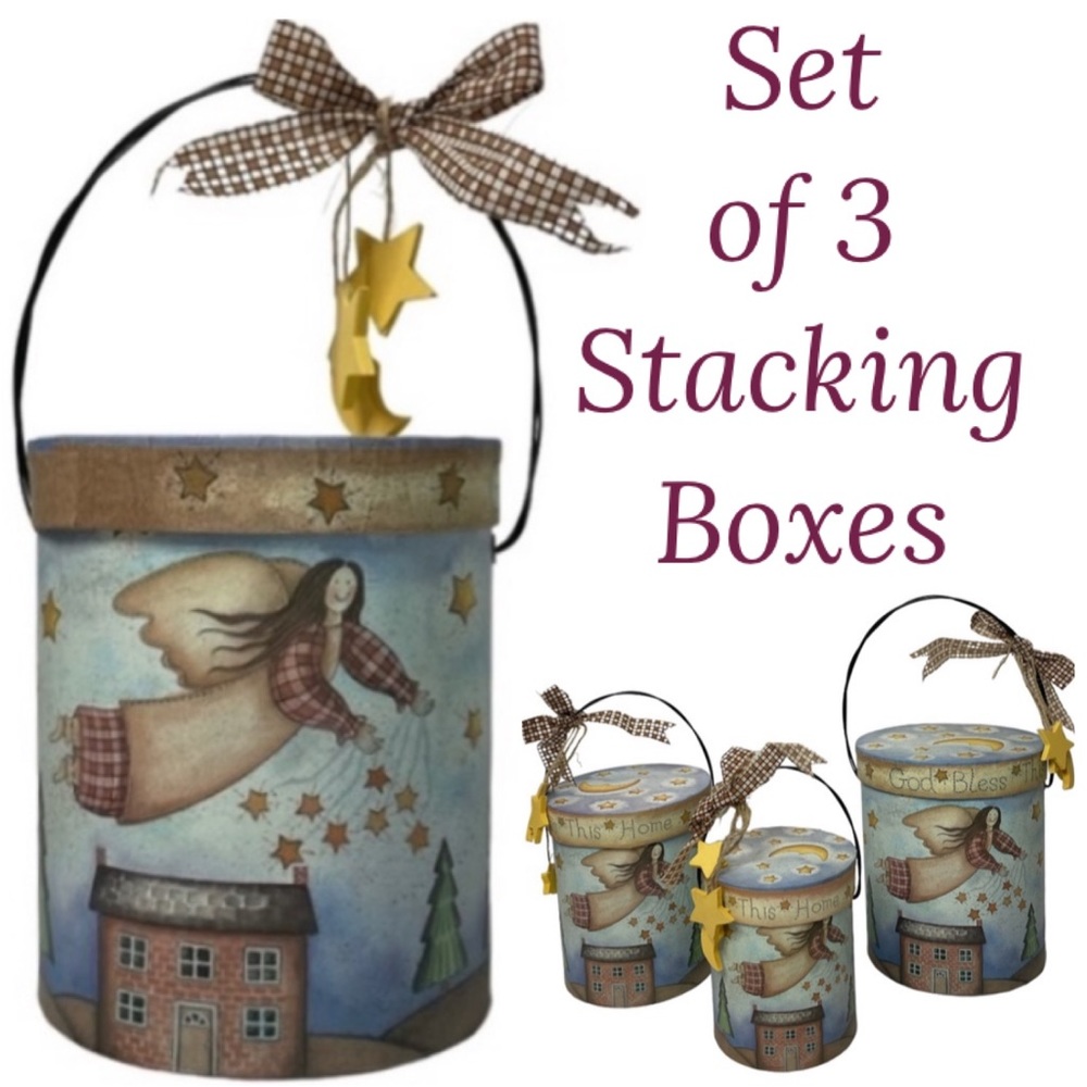 Angel Boxes God Bless This Home Nesting Cherubs Primitive Rustic Cottage Core